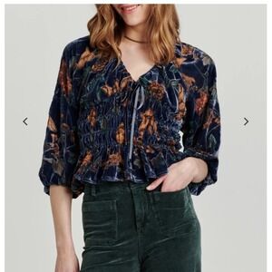 Another Love Velvet Top Womens M Blue Floral Velvet Smocked Peplum Whimsigoth